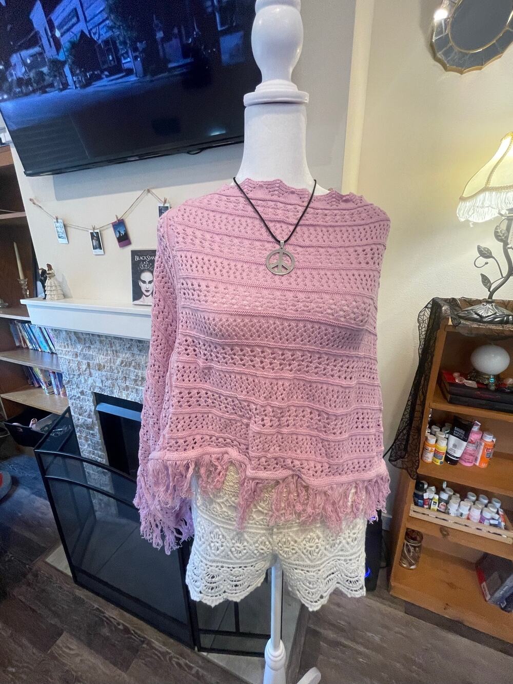 pink boho style knit poncho
